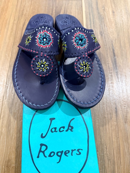 Jack Rogers Shoes - Jack Rogers Navy Embroidered Toe-Post Sandals with Multicolor Medallions